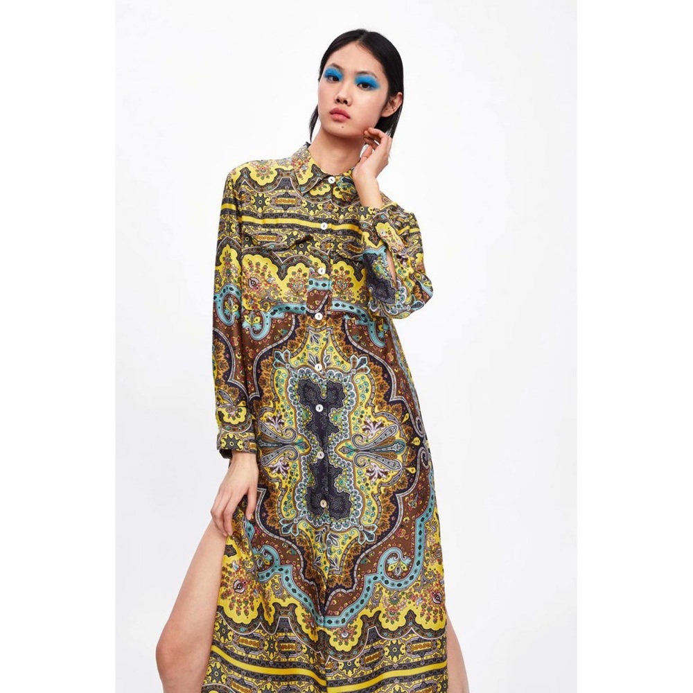 Zara Satin Maxi-Shirt Tunic Midi Dress / Kimono Paisley Print